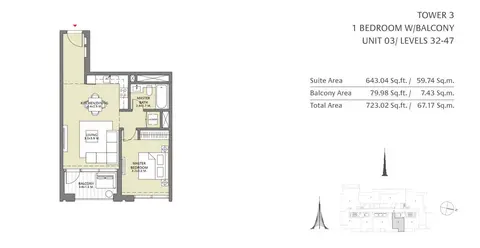 Downtown Views II: مخطط الطابق 1BD-W-B-Unit-3-L32-47, 723 sq ft