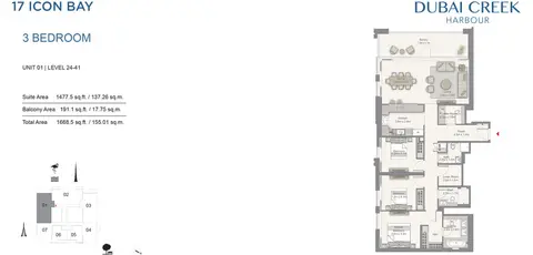 17 Icon Bay: Floor plan 3 BR, Unit 1, Level 24-41, 1,669 sq ft