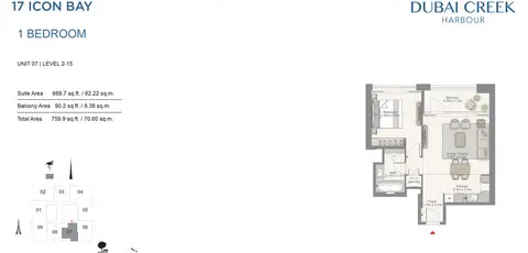 17 Icon Bay: Floor plan 1 BR, Unit 7, Level 2-15, 760 sq ft