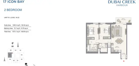 17 Icon Bay: Floor plan 2 BR, Unit 1, Level 16-22, 1,073 sq ft
