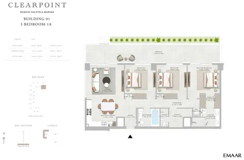 Emaar Clearpoint Mina Rashid: Floor plan 3 Bedroom-1A, 1,959 sq ft