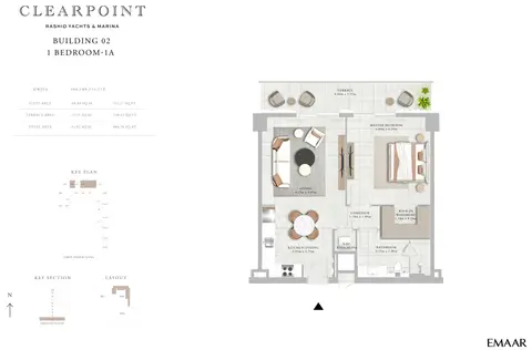 Emaar Clearpoint Mina Rashid: Floor plan 1 Bedroom-1A, 881 sq ft
