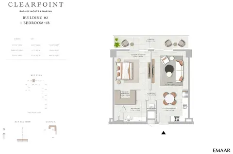 Emaar Clearpoint Mina Rashid: Floor plan 1 Bedroom-1B, 881 sq ft