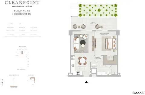 Emaar Clearpoint Mina Rashid: Floor plan 1 Bedroom-1C, 964 sq ft