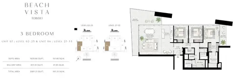 Beach Vista Apartments: Floor plan Tower 1 - 3 Bedroom-Size-2081.71 Sq.ft, 2,082 sq ft