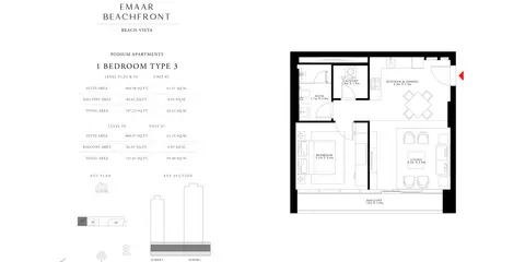 Beach Vista Apartments: Floor plan 1 Bedroom Type 3, Unit-1, Level P1,P2 & P4 Size 747.00 Sq Ft, 747 sq ft
