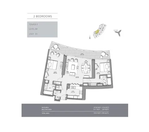 Burj Vista: 2-Bedroom,Tower-1,Size-1395 - sq.ft, 1,395 sq ft 户型图