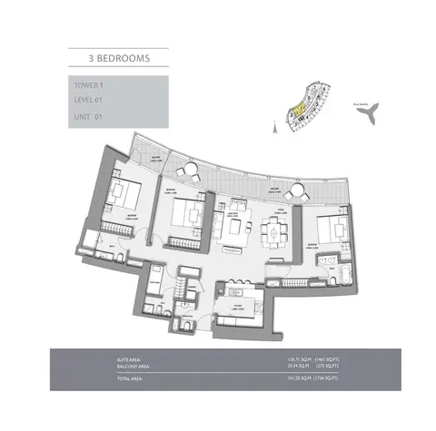 Burj Vista: 3-Bedroom,Tower-1,Size-1736 - sq.ft, 1,736 sq ft 户型图