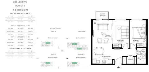 Collective Tower: Tower 1 - 2 Bedroom Tower 1, Size 721.83 To 723.34 sq.ft, 723 sq ft 户型图