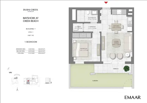 Bayshore Apartments: फ़्लोर प्लान Building 1 - 1 Bedroom Level 1 Unit 102, Size 876 sq ft, 876 sq ft