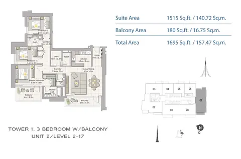 Creek Horizon: Floor plan tower1_bedroom3_unit2, 1,695 sq ft