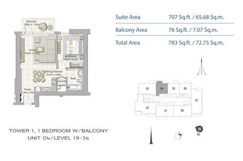 Creek Horizon: Floor plan Tower1_bedroom1_unit4_level_19-34, 783 sq ft