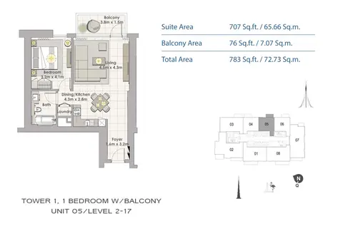 Creek Horizon: Floor plan Tower1_bedroom1_unit5, 783 sq ft