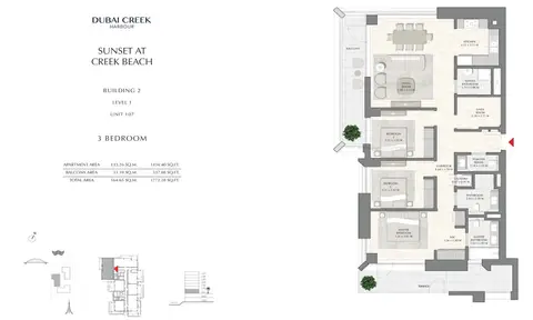Sunset at Creek Beach: Floor plan Building 2 - 3 Bedroom Level 1 Unit 107, Size 1772.28 sq ft, 1,772 sq ft