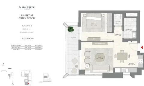 Sunset at Creek Beach: Floor plan Building 2 - 1 Bedroom Level 2 To 4 Unit 202-302-402, Size 761.98 sq ft, 762 sq ft