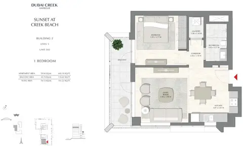 Sunset at Creek Beach: Floor plan Building 2 - 1 Bedroom Level 5 Unit 501, Size 761.22 sq ft, 761 sq ft