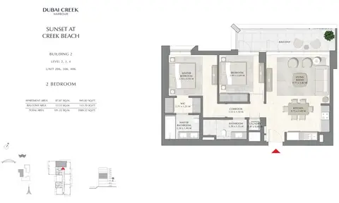 Sunset at Creek Beach: Floor plan Building 2 - 2 Bedroom Level 2 To 4 Unit 206-306-406, Size 1089.52 sq ft, 1,090 sq ft