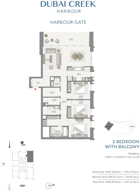 هاربور غيت أبارتمنتس: مخطط الطابق 3 Bedroom With Balcony, 1,648 sq ft