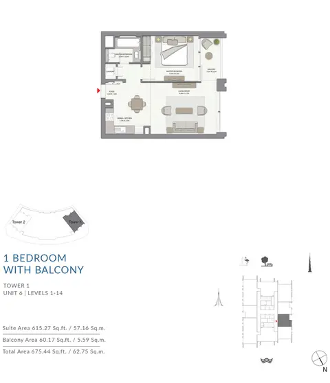 هاربور غيت أبارتمنتس: مخطط الطابق 1 Bed with Balcony, 675 sq ft