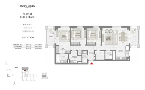 Surf at Creek Beach: Plan Building-1-3-Bedroom,-Level-2-3-4,-Unit-201-301-401,-Size-1491.99-sq-ft, 1,492 sq ft