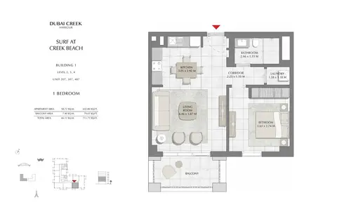 Surf at Creek Beach: Plan Building 1, 1 Bedroom, Level 2, 3, 4, Size 711 Sq Ft, 711 sq ft
