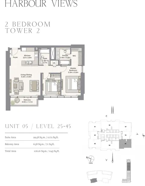 Creek Harbour Views: Планировка 2 Bedroom Tower 2, Unit 05/Level 25-45, 1,143 sq ft