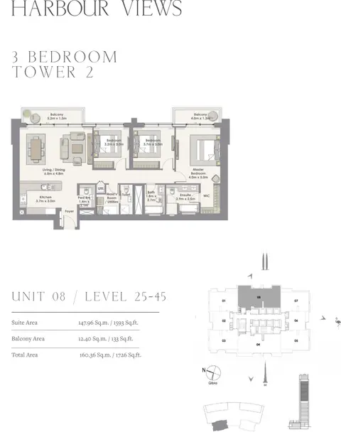 Creek Harbour Views: Планировка 3 Bedroom Tower 2, Unit 08/Level 25-45, 1,726 sq ft