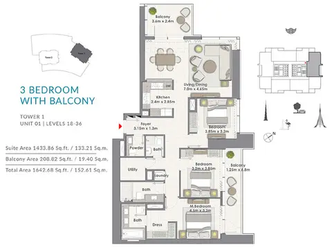 Creek Rise Apartments: 3BR-Balcony-T1-U1-L-18-36, 1,642 sq ft 户型图