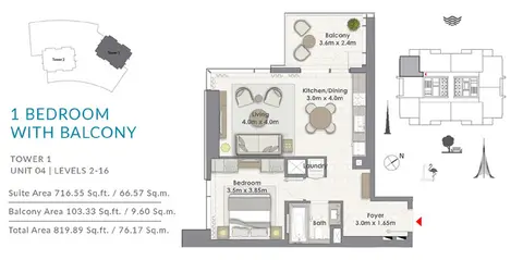 Creek Rise Apartments: 1BR-Balcony-T1-U4-L-2-16, 819 sq ft 户型图