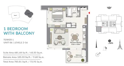 Creek Rise Apartments: 1BR-Balcony-T1-U6-L-2-16, 785 sq ft 户型图