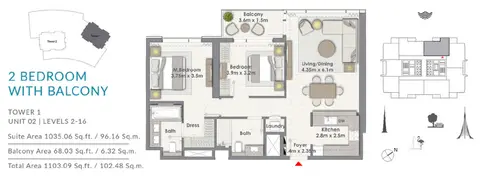 Creek Rise Apartments: 2BR-Balcony-T1-U2-L-2-16, 1,103 sq ft 户型图