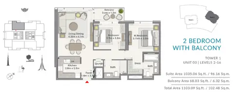 Creek Rise Apartments: 2BR-Balcony-T1-U3-L-2-16, 1,103 sq ft 户型图