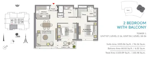 Creek Rise Apartments: 2BR-Balcony-T1-U7-L-2-16-U6-L-18-36, 1,103 sq ft 户型图