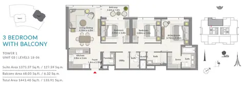 Creek Rise Apartments: 3BR-Balcony-T1-U3-L-18-36, 1,441 sq ft 户型图