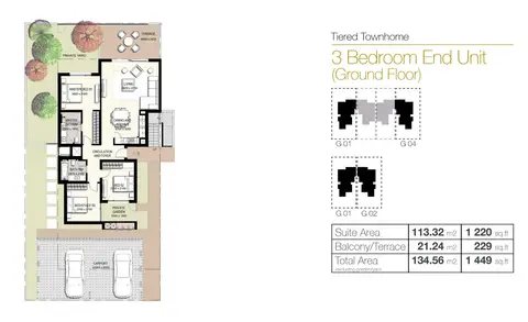 Urbana III: Floor plan 3 Bedroom, End Unit, Ground Floor, Size 1449 Sq.Ft, 1,449 sq ft