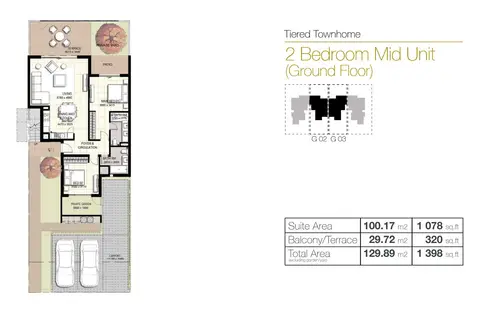 Urbana III: Floor plan 2 Bedroom, Mid Unit, Ground Floor, Size 1398 Sq.Ft, 1,398 sq ft