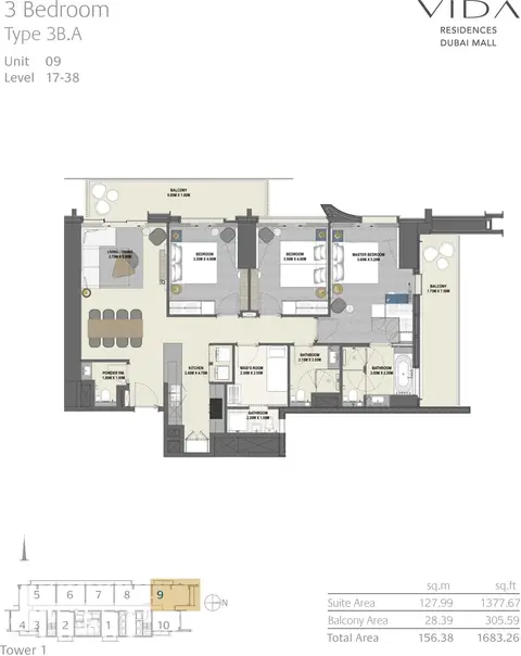 Vida Dubai Mall: 3 Bedroom Type 3B.A Unit 09 Level 17-38, 1,683 sq ft 户型图