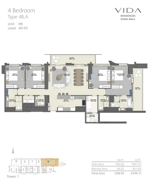 Vida Dubai Mall: 4 Bedroom Type 4B.A Unit 09 Level 40-55, 2,249 sq ft 户型图