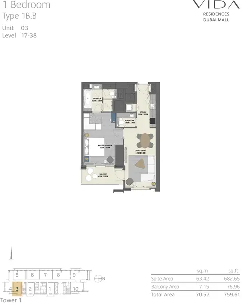Vida Dubai Mall: 1 Bedroom Type 1B.B Unit 03 Level 17-38, 759 sq ft 户型图