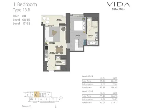 Vida Dubai Mall: 1 Bedroom Type 1B.B Unit 08 Level : 08-15 Level : 17-38, 775 sq ft 户型图