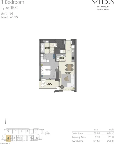 Vida Dubai Mall: 1 Bedroom Type 1B.C Unit 03 Level 40-55, 751 sq ft 户型图