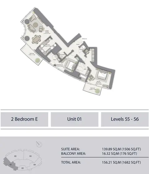 Opera Grand: Floor plan 2 Bedroom E, Unit-1, Level 55-56, Sizes 1682 sq.ft., 1,682 sq ft