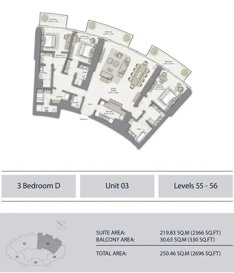 Opera Grand: Floor plan 3 Bedroom D, Unit-3, Level 55-56, Sizes 2696 sq.ft., 2,696 sq ft