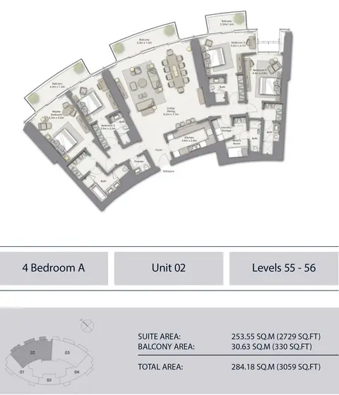 Opera Grand: Floor plan 4 Bedroom A Unit-2, Level 55-56, Sizes 3059 sq.ft., 3,059 sq ft