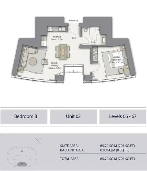 Opera Grand: Floor plan 1 Bedroom B, Unit-2, Level 66-67, Sizes 707 sq.ft., 707 sq ft