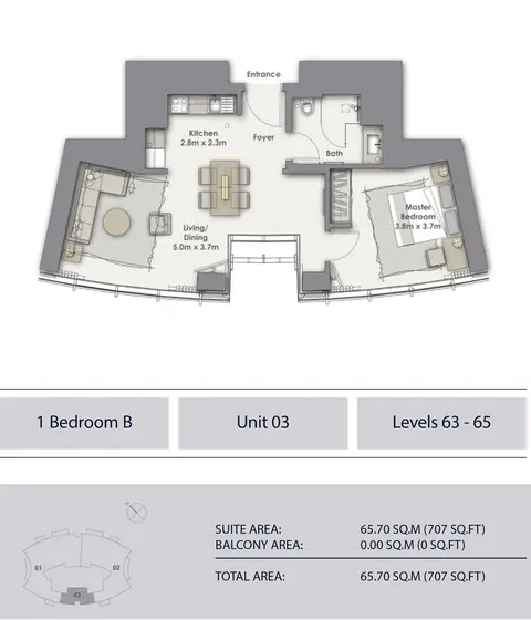 Opera Grand: Floor plan 1 Bedroom B, Unit-3, Level 63-65, Sizes 707 sq.ft., 707 sq ft
