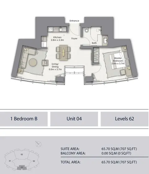 Opera Grand: Floor plan 1 Bedroom B, Unit-4, Level 62, Sizes 707 sq.ft., 707 sq ft