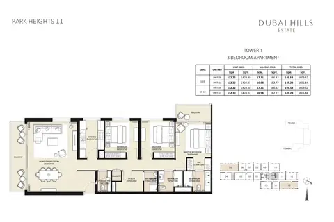 Park Heights 2: Floor plan Tower 1, 3 Bedroom, Unit 05, 13, Size 1609 Sq Ft, 1,609 sq ft