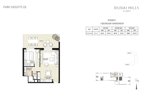 Park Heights 2: Floor plan Tower 1, 1 Bedroom, Unit 02, Size 848 Sq Ft, 848 sq ft