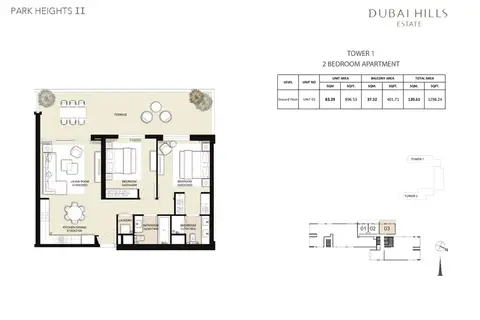 Park Heights 2: Floor plan Tower 1, 2 Bedroom, Unit 03, Size 1298 Sq Ft, 1,298 sq ft